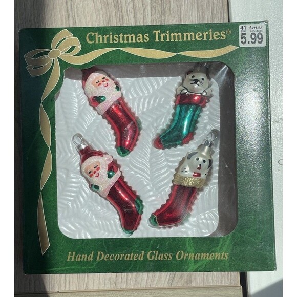 Vintage Christmas Trimmeries glass ornaments Handpainted Cat Dog Santa Stocking - Picture 8 of 10